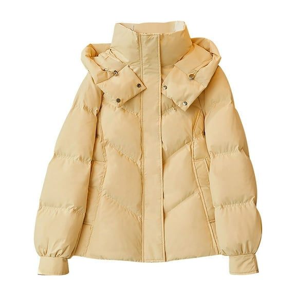 XUNKUSGA Womens Puffer Jacket Solid Color Casual Outerwear Cotton Padded Puffy Down Jacket Women Winter Thickened Warm Zip Up Bubble Coat with Detachable Hood Pockets S-XL Yellow