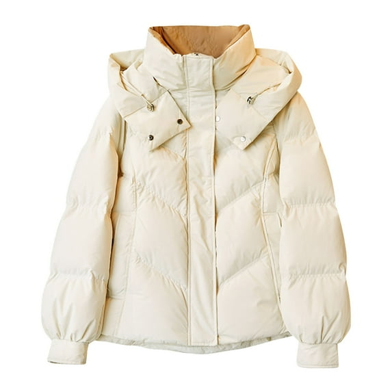 XUNKUSGA Womens Puffer Jacket Solid Color Casual Outerwear Cotton Padded Puffy Down Jacket Women Winter Thickened Warm Zip Up Bubble Coat with Detachable Hood Pockets S-XL Beige
