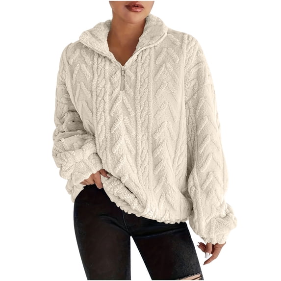 XUNKUSGA Womens Pullover Cute Soft Fuzzy Fleece Cable Knit Pullover Sweatshirts Fashion Quarter Zip Womens Jacket Oversized Casual Stand Collar Winter Coat Outfits S-2XL Beige