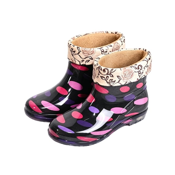 XUNKUSGA Womens Rain Boots Warm Fleece Liner Waterproof Anti-Slip Ankle Rain Boots Fashion Polka Dot Pull On Short Rain Boots for Daily Rainy Wear,8