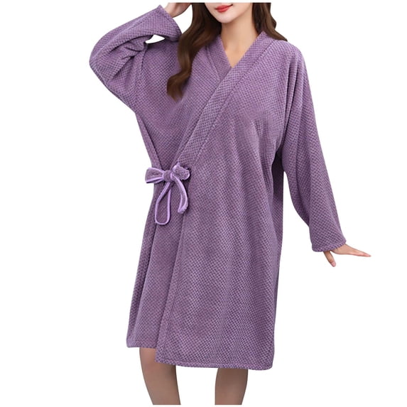 XUNKUSGA Womens Robe Lace Up Bath Robe Thickened Long Sleeve Bathrobes for Women Soft Lightweight Solid Color Robes for Women Knee Length House Coat Purple