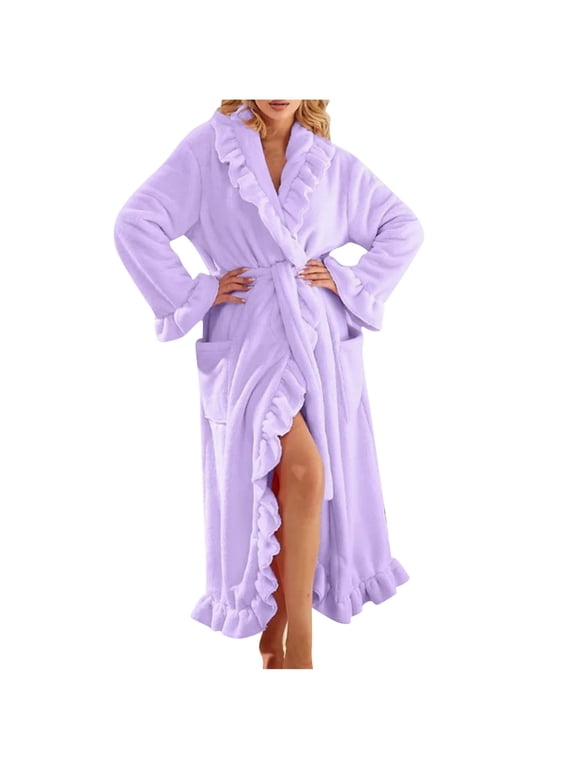 Womens Robe Plush Fleece Long Bath Robes for Women Soft Warm Cute Ruffled Spa Robe Fall Winter Comfortable Flannel Bath Robe S-XL Purple