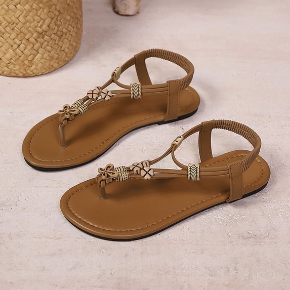 XUNKUSGA Womens Sandals Dressy Elastic Ankle Strap Bohemian Sandals for Women Summer Casual Toe Post Flip Flops Flats Shoes for Beach 6-9.5,Brown