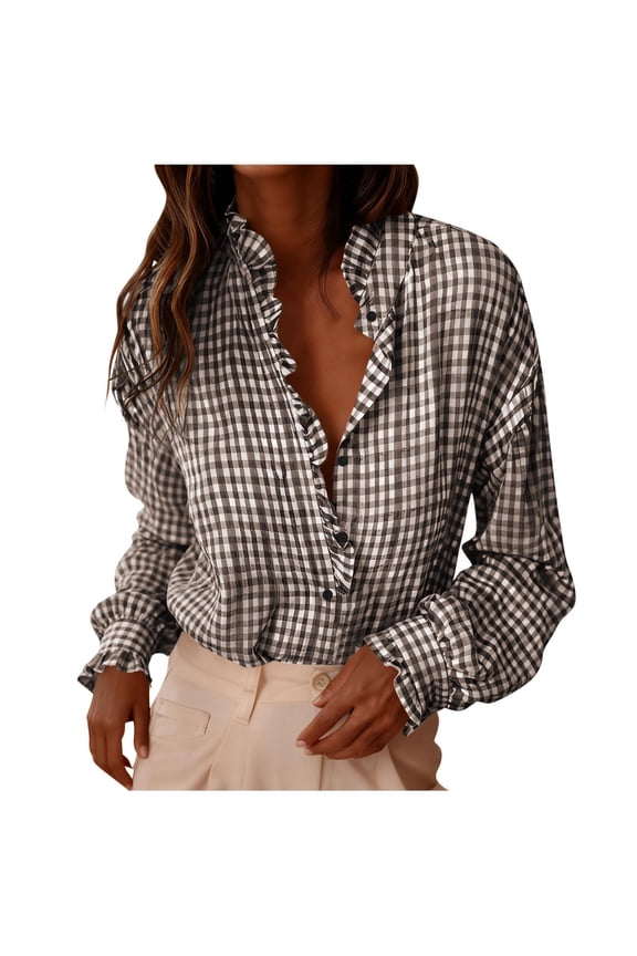 Womens Shirts Fashion Plaid Ruffle V Neck Womens Tops Casual Button Down Womens Blouses Lightweight Long Sleeve Gingham Trendy Tops Work Checkered Shirt S-2XL Brown