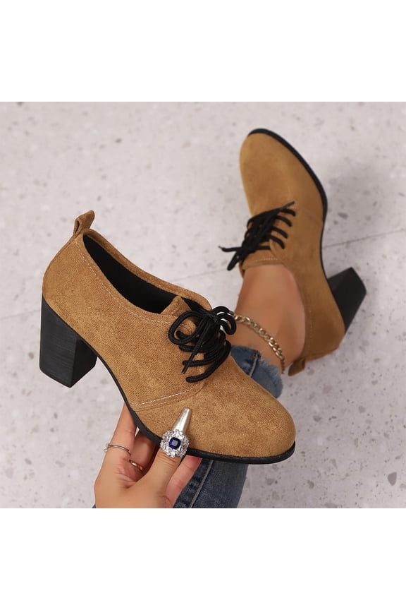 Womens Shoes Classic Suede Winter Fall Shoes Fashion Chunky Mid-Heel Round Toe Slip On Shoes for Women Solid Color Vintage Casual Lace-Up Dress Shoes 5.5-9 Brown