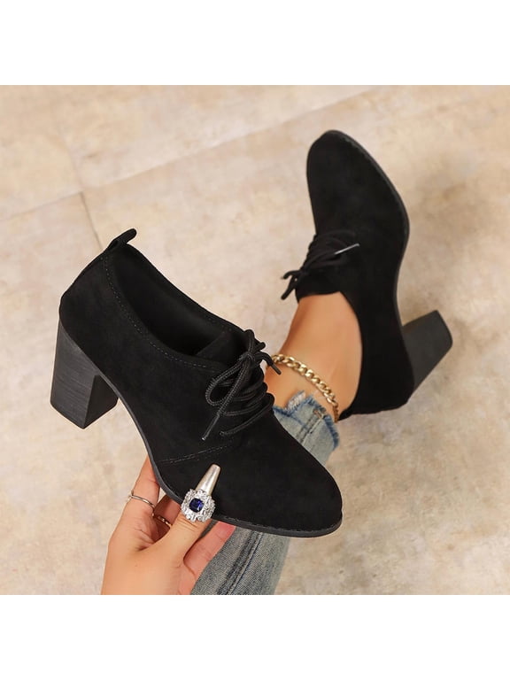 Womens Shoes Classic Suede Winter Fall Shoes Fashion Chunky Mid-Heel Round Toe Slip On Shoes for Women Solid Color Vintage Casual Lace-Up Dress Shoes 5.5-9 Black