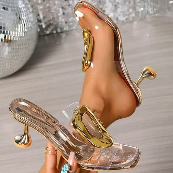 XUNKUSGA Womens Slippers Fashion Clear Leather Metal Decor High Heel Slippers for Women Comfortable Square Open Toe Slip On Dress Shoes Party Dating Dress Mules 5.5-9 Gold