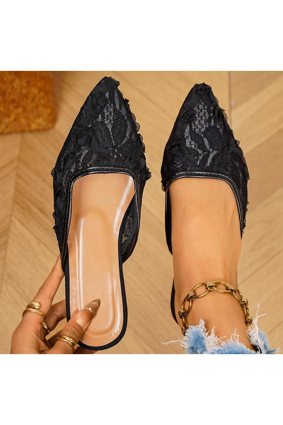 Womens Slippers Fashion Lace Pointed Toe Slip On Women Mules Comfortable Backless Closed-Toe Slide Sandals Casual Solid Color Versatile Loafers Flat Shoes 5.5-9.5 Black