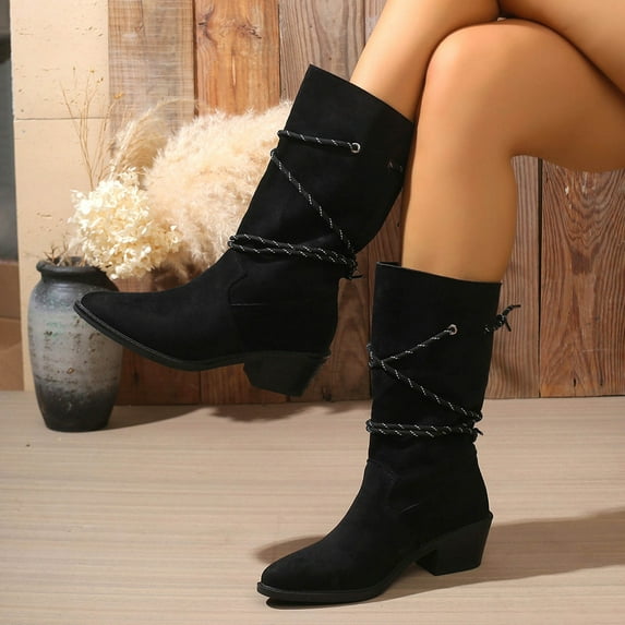 XUNKUSGA Womens Suede Mid Calf Boots Fashion lightweight boots for women booties for women comfortable Chunky Heel Solid Color sued Lace Black