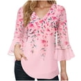 thumbnail image 2 of Blouses For Women Ruffle 3/4 Sleeve Summer Tops Women's Casual V-Neck Floral Print Faux Button Front Loose Blouse T Shirts, R-Color, L 2 of 14
