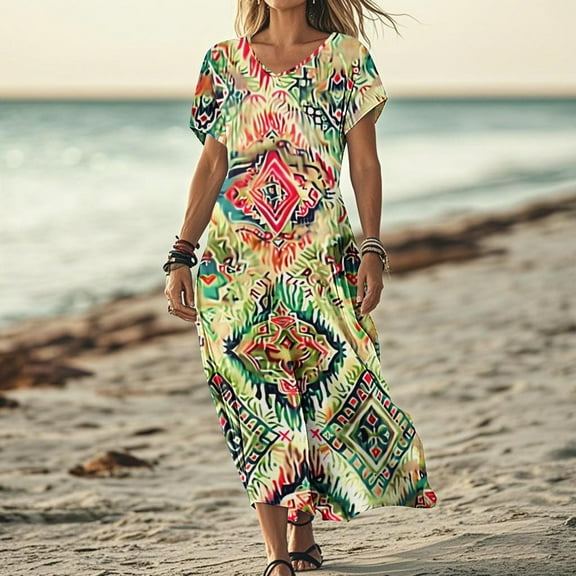 XUNKUSGA Womens Summer Dresses Casual Fashion Floral Boho Women's Dresses Classic V Neck Short Sleeve Ruffle Maxi Dresses Lightweight Loose Beach Dress for Women A Line Dresses S-2XL Brown