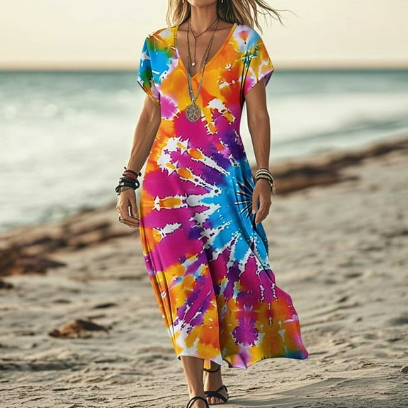 XUNKUSGA Womens Summer Dresses Casual Fashion Floral Boho Women's Dresses Classic V Neck Short Sleeve Ruffle Maxi Dresses Lightweight Loose Beach Dress for Women A Line Dresses S-2XL Multicolor