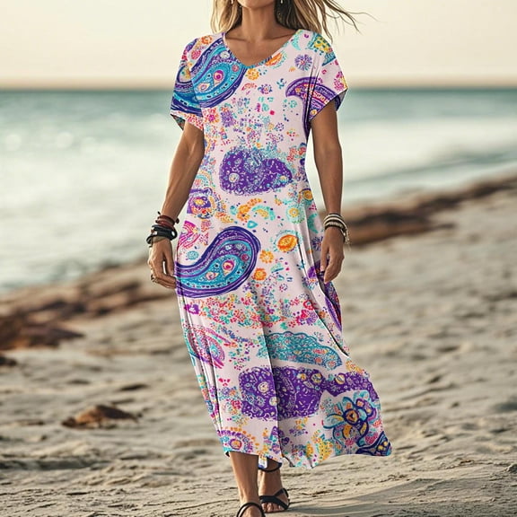 XUNKUSGA Womens Summer Dresses Casual Fashion Floral Boho Women's Dresses Classic V Neck Short Sleeve Ruffle Maxi Dresses Lightweight Loose Beach Dress for Women A Line Dresses S-2XL Purple