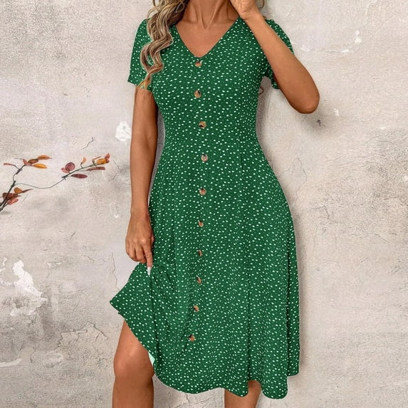 XUNKUSGA Womens Summer Dresses Classic Polka Dot V-Neck Short Sleeve Women's Dresses Fashion Slim Fit Button Down A Line Dresses for Women Floral Print Knee-Length Dress S-2XL Green