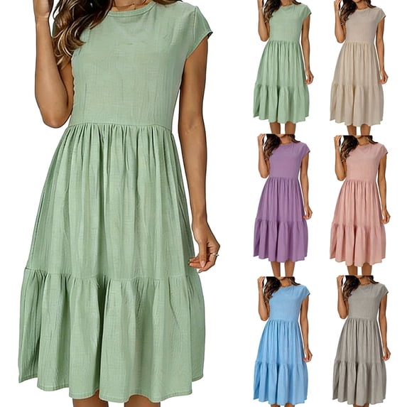 XUNKUSGA Womens Summer Dresses Fashion Cap Sleeve Crew Neck Womens Sundresses Beach Casual Soild Ruffle Tiered Swing Boho Women's Dresses S-2XL,Green