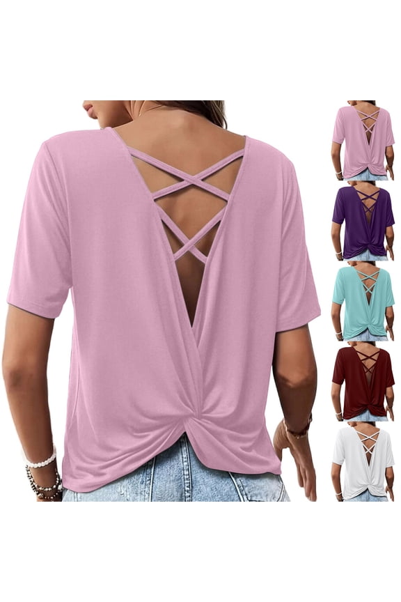 Womens Summer Tops Fashion Open Back Twist Criss Cross Going Out Tops for Women Classic Solid Color V Neck Short Sleeve Backless Twist Knot Womens Tops,3XL