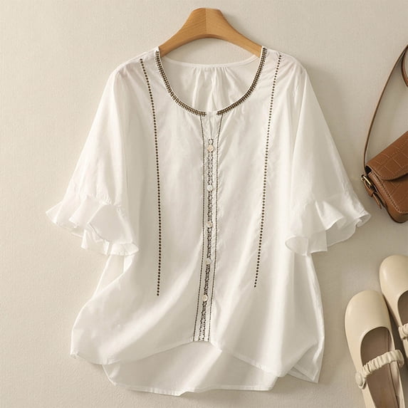 XUNKUSGA Womens Summer Tops Fashion Round Necks Ruffle Sleeves Button Blouse Casual Cotton Linen Embroidered Comfort Solid Color Tshirt
