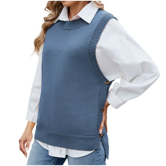 XUNKUSGA Womens Sweaters Casual Versatile Solid Color Sleeveless Knit Sweater Loose Crew Neck Sweater Vest Women Fashion Side Slits with Button Vest Tops for Women S-XL Blue