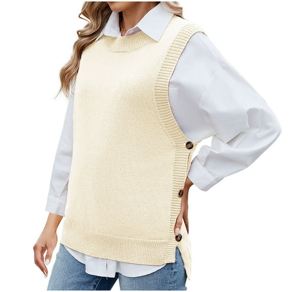 XUNKUSGA Womens Sweaters Casual Versatile Solid Color Sleeveless Knit Sweater Loose Crew Neck Sweater Vest Women Fashion Side Slits with Button Vest Tops for Women S-XL Beige