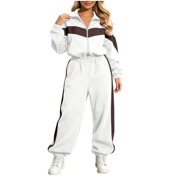 XUNKUSGA Womens Sweatsuits 2 Piece Set Fashion Color Block Zip Up Tracksuits for Women Set Long Sleeve Jacket and Jogger Pants Two Piece Sets for Women Striped Airport Outfits for Women,Size XL