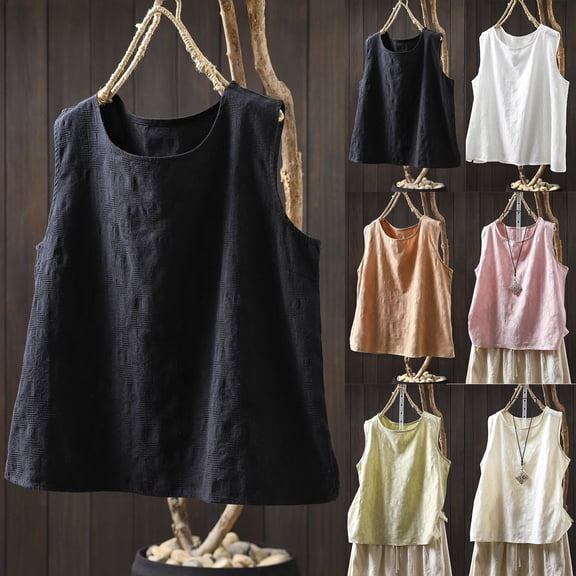 XUNKUSGA Womens Tank Tops Soft Cotton Linenn Going Out Tops Classic Sleeveless Crew Neck Blouses for Women Loose Casual Womens Tank Tops M-4XL Black