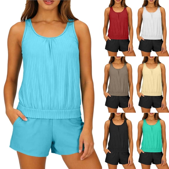 XUNKUSGA Womens Tankini Bathing Suits Classic Textured Modest Blouson Swim Tank Tops with Boyshorts 2 Piece Tankini Swimsuits with Side Pockets,Yellow,L