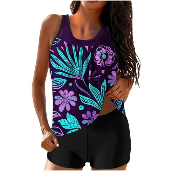 XUNKUSGA Womens Tankini Bathing Suits Fashion Loose Floral Two Piece Bathing Suits Classic Blouson Tank Top with Boy Shorts Breathable Lightweight Tankini Swimsuits for Women S-2XL