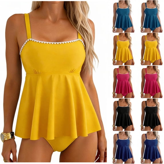 XUNKUSGA Womens Tankini Bathing Suits Modest Two Piece Ruffle Hem Bathing Suit Fashion Square Neck Flowy Swim Top with High Waisted Bottom Bikini Sets for Women,Yellow