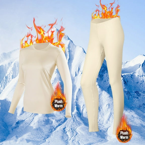 XUNKUSGA Womens Thermal Set Slim Fit Solid Color Thermals for Women Warm Fleece Lined Athletic Base Layer Tops and Thermal Leggings for Women for Cold Weather S-2XL Beige