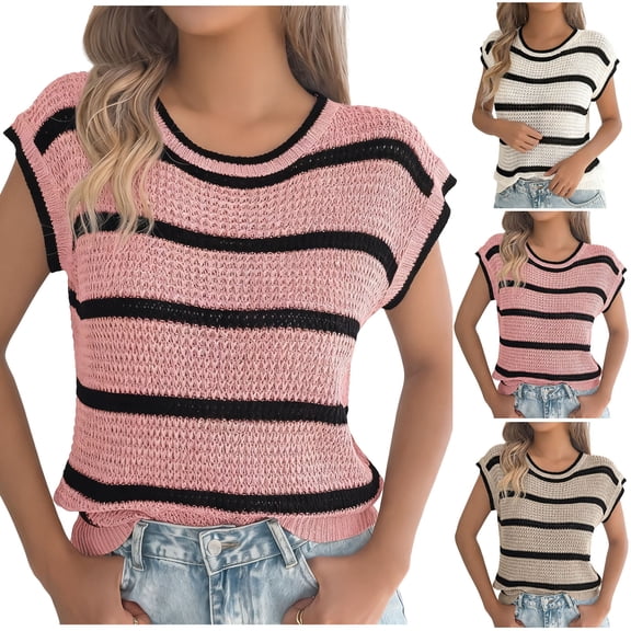 XUNKUSGA Womens Tops Casual Loose Short Sleeve Sweaters for Women Lightweight Knit Crew Neck Pullover Sweater Tops Trendy Striking Color Block Edge Stripe Going Out Tops S-XL Beige
