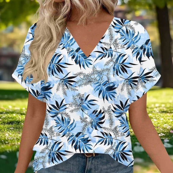 XUNKUSGA Womens Tops Fashion Floral Women's T-Shirts Casual Short Sleeve V Neck Dressy Tops for Women Lightweight Skin-Friendly Ladies Tops and Blouses S-2XL Blue