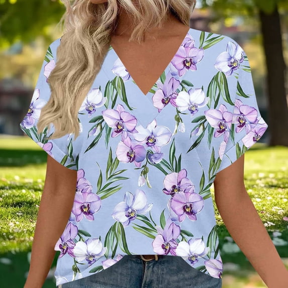 XUNKUSGA Womens Tops Fashion Floral Women's T-Shirts Casual Short Sleeve V Neck Dressy Tops for Women Lightweight Skin-Friendly Ladies Tops and Blouses S-2XL Purple