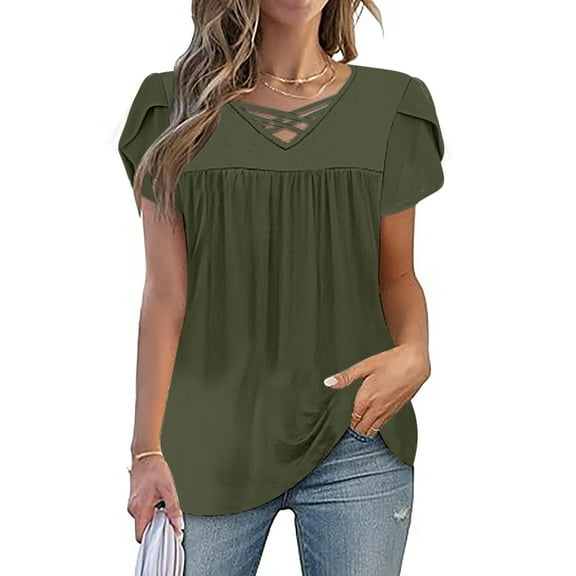 XUNKUSGA Womens Tops Fashion V Neck Front Criss Cross Blouses for Women Cute Petal Short Sleeve Going Out Tops Flowy Pleated Women's Tunics Casual Soild Color Womens Blouses S-3XL Green