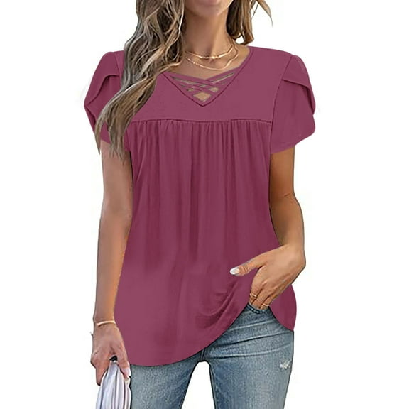 XUNKUSGA Womens Tops Fashion V Neck Front Criss Cross Blouses for Women Cute Petal Short Sleeve Going Out Tops Flowy Pleated Women's Tunics Casual Soild Color Womens Blouses S-3XL Purple