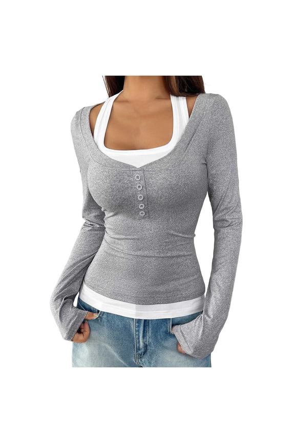 Womens Tops Long Sleeve Halter Neck Slim Fitted Faux Two-Piece Tops for Women Trendy Fashion Y2k Going Out Tops Button Ribbed Knit Basic Tops Soft Stretchy Blouses for Women S-XL Gray