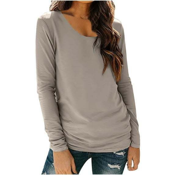 XUNKUSGA Womens Tops Long Sleeve Round Neck Basic Tops for Woman Solid Color Pullover Casual Cotton T-Shirt Loose Fit S-3XL