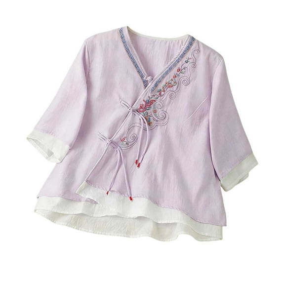XUNKUSGA Womens Tops Loose 3/4 Sleeve Cotton Linen Shirts for Women Summer Retro Embroidered Boho Tops Fashion Chinese Frog Button V-Neck Women's Blouses M-3XL,Purple