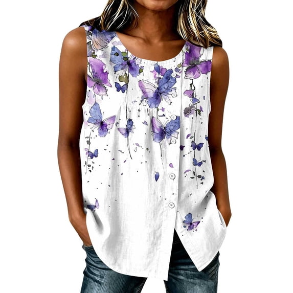 XUNKUSGA Womens Tops Soft Cotton Linen Tunic Tops Fashion Floral Crew Neck Side Button Down Slit Tank Tops Casual Sleeveless Loose Pullover Top for Daily Wear,S