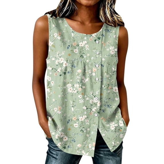XUNKUSGA Womens Tops Soft Cotton Linen Tunic Tops Fashion Floral Crew Neck Side Button Down Slit Tank Tops Casual Sleeveless Loose Pullover Top for Daily Wear,S