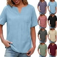 thumbnail image 1 of XUNKUSGA Womens Tops Solid Color Cotton Linenn Going Out Tops Casual Short Sleeve V Neck T-Shirts for Women with Pockets Vintage Vacation Womens Blouses S-2XL Purple, 1 of 8