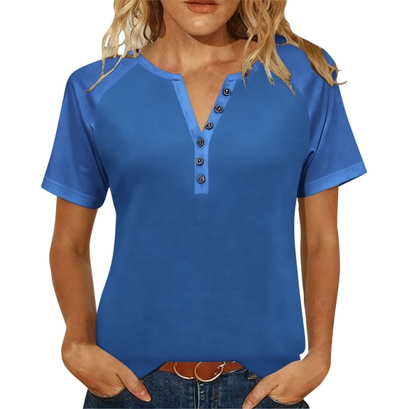 XUNKUSGA Womens Tops Trendy V Neck Short Sleeve Buttons Going Out Tops Casual Raglan Sleeve T-Shirts for Women Fashion Color Block Women's Blouses S-5XL,Blue