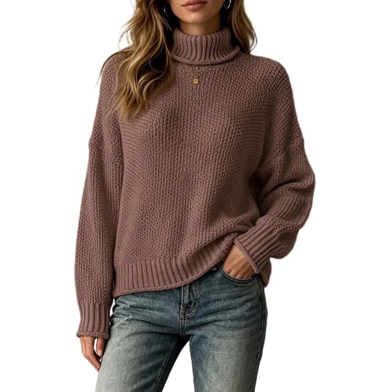XUNKUSGA Womens Turtleneck Sweater Classic Solid Color Chunky Knit Pullover Sweaters Loose Casual Long Sleeve Fall Winter Tops Soft Warm Cozy Sweaters for Women Daily Wear,Size M