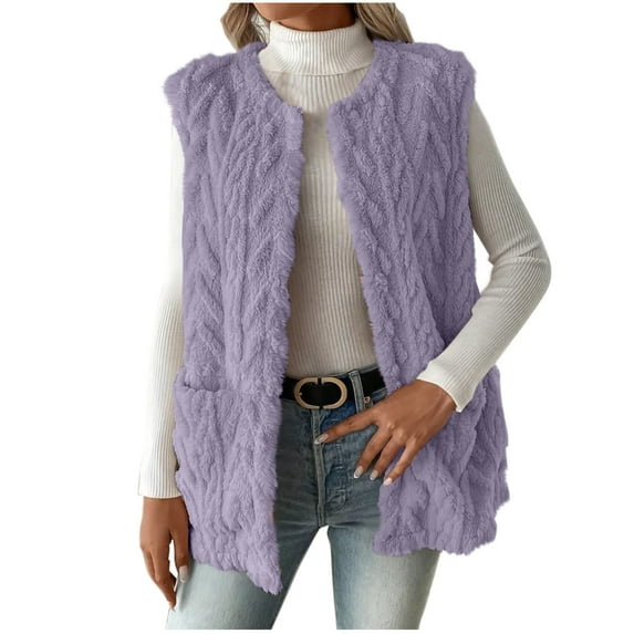 XUNKUSGA Womens Vest Trendy Round Neck Fuzzy Fleece Vest Soft Double-Sided Sweater Vest Women with Pockets Comfortable Sleeveless Cardigan for Women S-2XL Purple