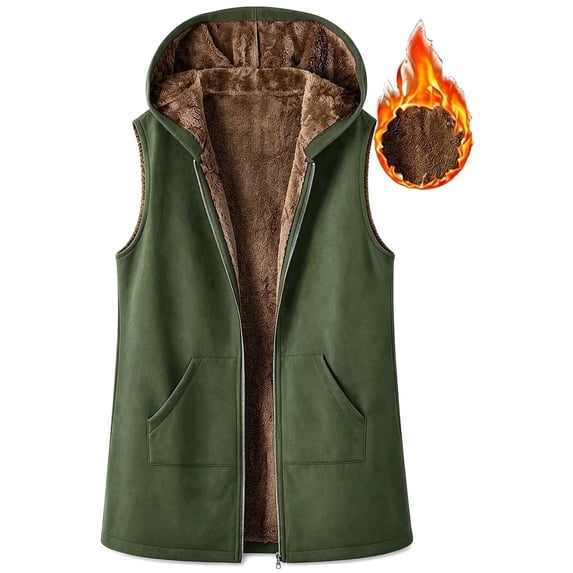 XUNKUSGA Womens Vest Winter Thick Warm Sherpa Fleece Lined Hooded Vest Women Cozy Warm Plush Full Zip Sleeveless Jacket Soft Cotton Mid‑Length Casual Outerwear with Pockets,Green,Size M