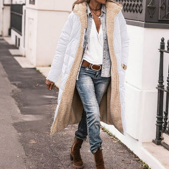 XUNKUSGA Womens Winter Coats Fashion Soft Fleece Lined Long Jackets for Women Oversized Puffer Jacket Solid Color Long Sleeve Hooded Winter Clothing for Women S-2XL White