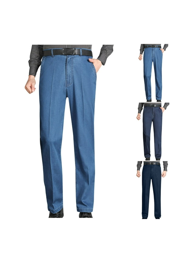 Work Pants for Men Classic Straight Faux Denim Stretch Men's Pants Regular Slim Fit Deep Crotch Mens Dress Pants Comfortable Breathable Jeans for Men S-2XL Blue