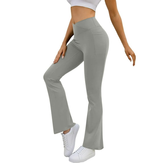 XUNKUSGA Yoga Pants Women Fashion Solid Color Yoga Pants with Pockets Casual Elastic Waist Women's Pants Comfortable High Stretchy Tummy Control Bootcut Leggings for Women S-2XL Gray