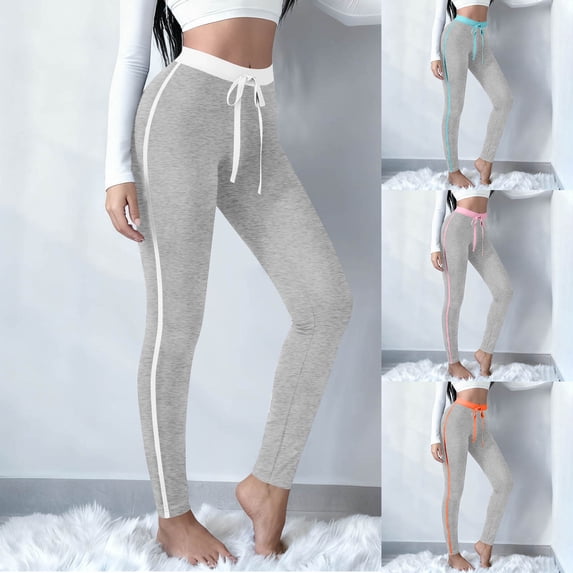 XUNKUSGA Yoga Pants Women Stretch Legging Pants Fashion Color Block Workout Leggings Casual Tights Women's Pants Classic Elastic Drawstring Waist Comfortable Long Pants S-2XL White