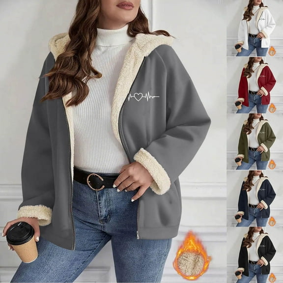 XUNKUSGA Zip Up Hoodie Women Fashion Printed Fleece Lined Warm Winter Coats for Women Solid Casual Long Sleeve Hooded Casual Outerwear with Pockets S-2XL Blue