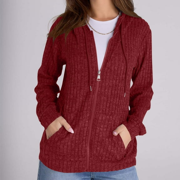 XUNKUSGA Zip Up Hoodie Women Long Sleeve Fall Outfits for Women 2025 Knitted Stripe Lightweight Womens Hoodie With Pockets Casual Solid Color Jackets for Women S-2XL
